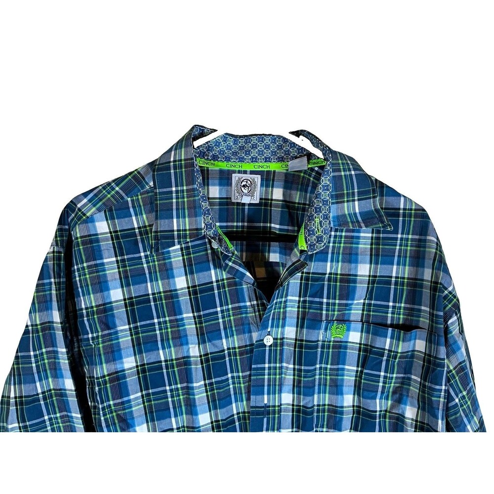 Cinch M Men’s Plaid Blue Green White LS Woven Cotton Button-Up Shirt Pockets